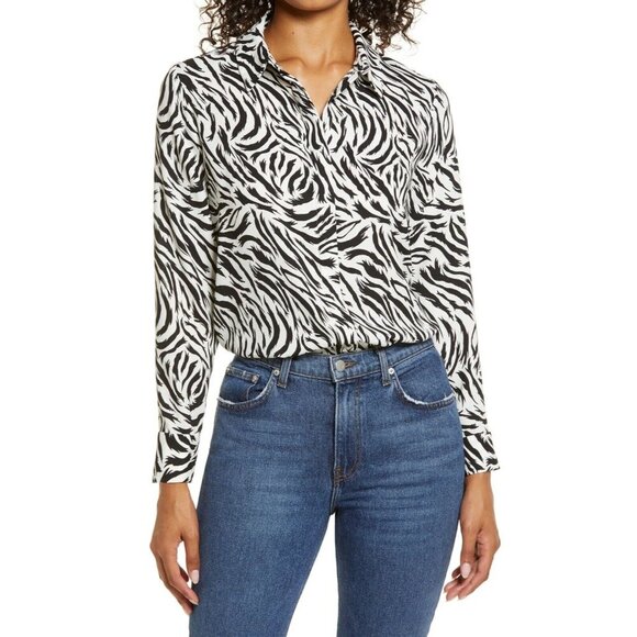 Halogen Hidden Button Long Sleeve Blouse Size S Shirt Black Feather Tiger Print - Picture 1 of 6